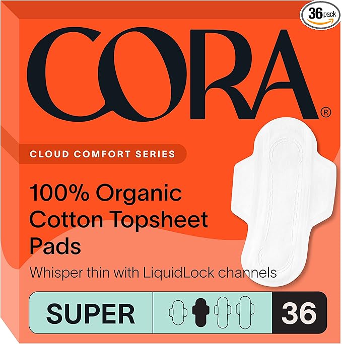 Cora 100% Organic Cotton Topsheet Ultra Thin Period Pads With Wings | Super Absorbency | Ultra-Absorbent Sanitary Pads for Women (36 Count)