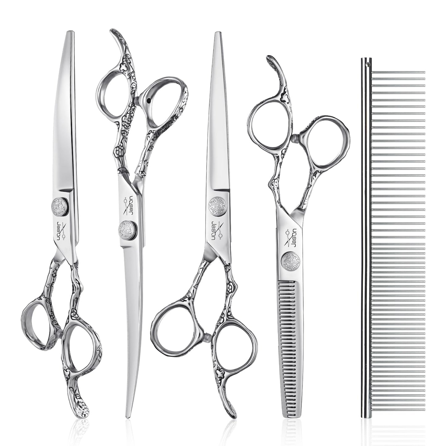 JASON Dog Grooming Scissors Kit, Professional 6 in 1 Dog Scissors Set - 6.5" Thinning, 7" Straight, 7" Up-Curved, 7" Down-curved Shears and Comb for Dog Cat Pet (Silver) Christmas Gift