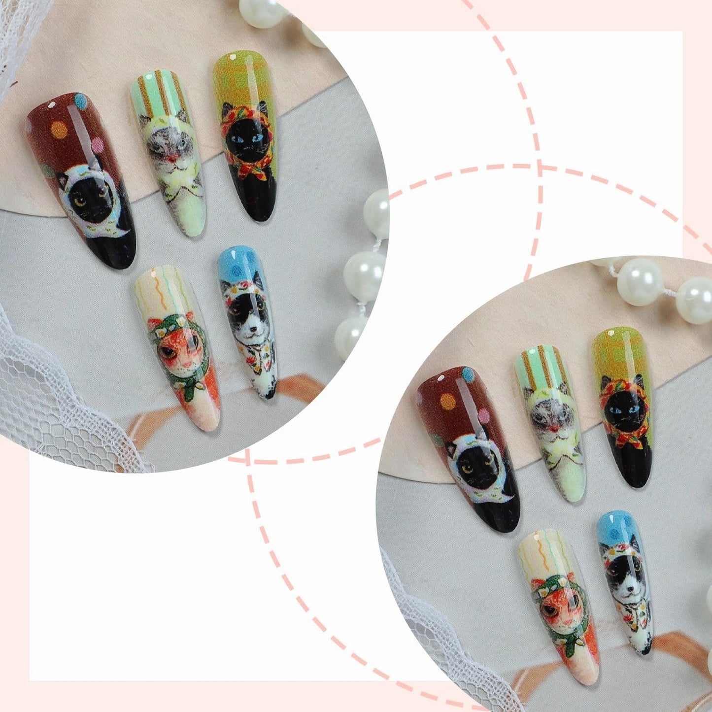 MISUD Press on Nails - Long Stiletto Fake Nails with Cute Acrylic Cartoon Cat Design 30 pcs