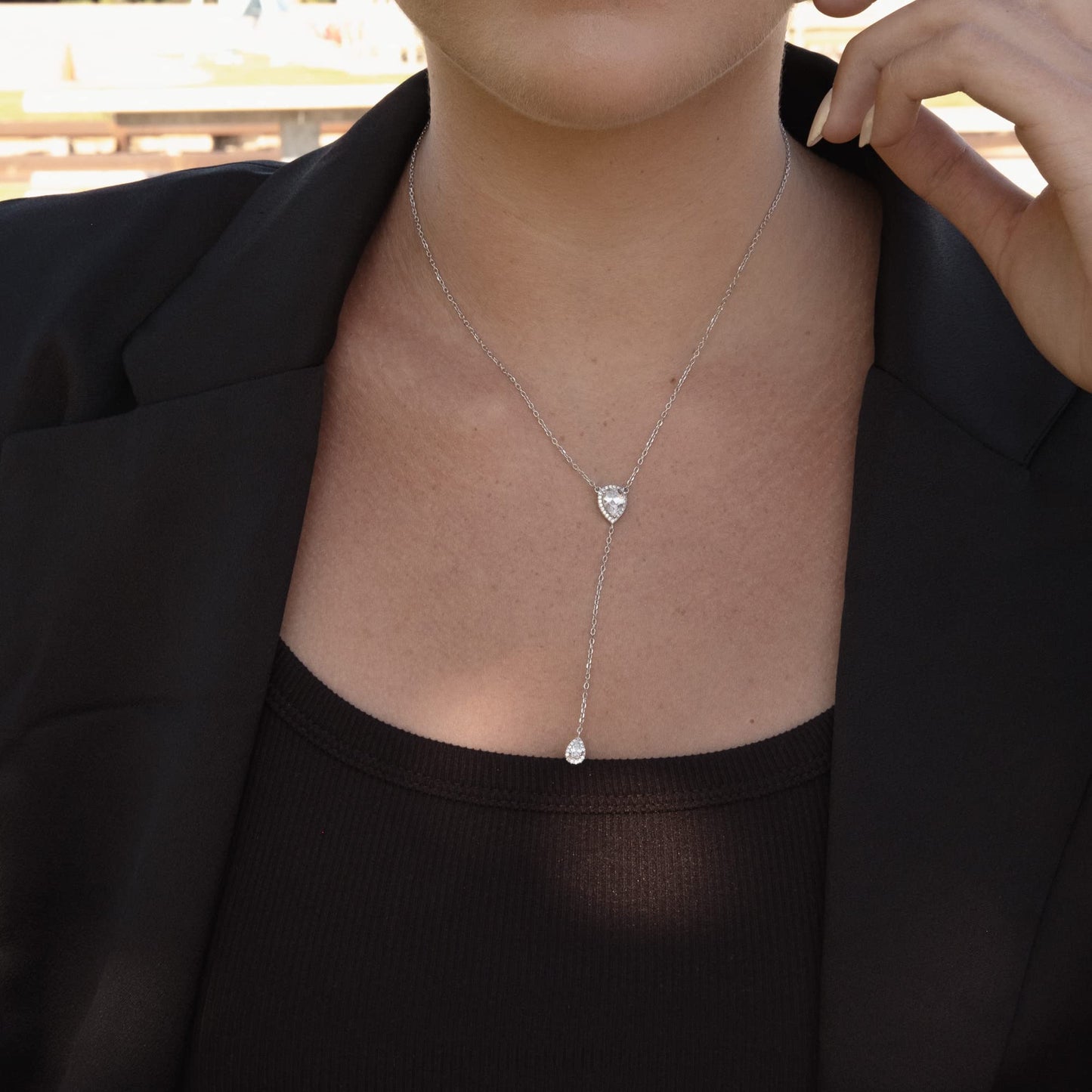CZ Pear Drop Lariat Necklace 16" with 2.75" Y Drop Adjustable, 14K Rose Gold Finish