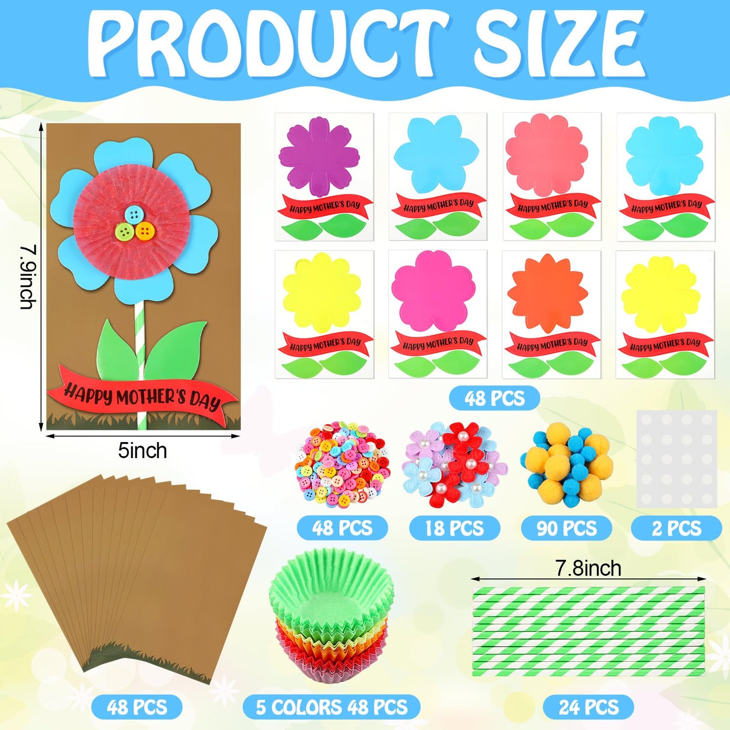 Engrowtic 48 Pcs DIY Mother's Day Flower Craft Kit Happy Mother's Day Card Making Kit with Blessing Message Envelope Make Your Own Flower Greeting Card for Gifts Classroom School Home Activities