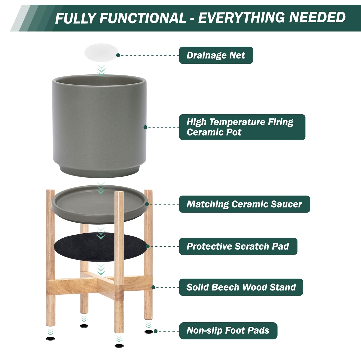 D'vine Dev Ceramic Planter with Natural Stand - 10 Inch Modern Round Flower Pot with Wood Planter Holder, Grey, 55-B-K-3
