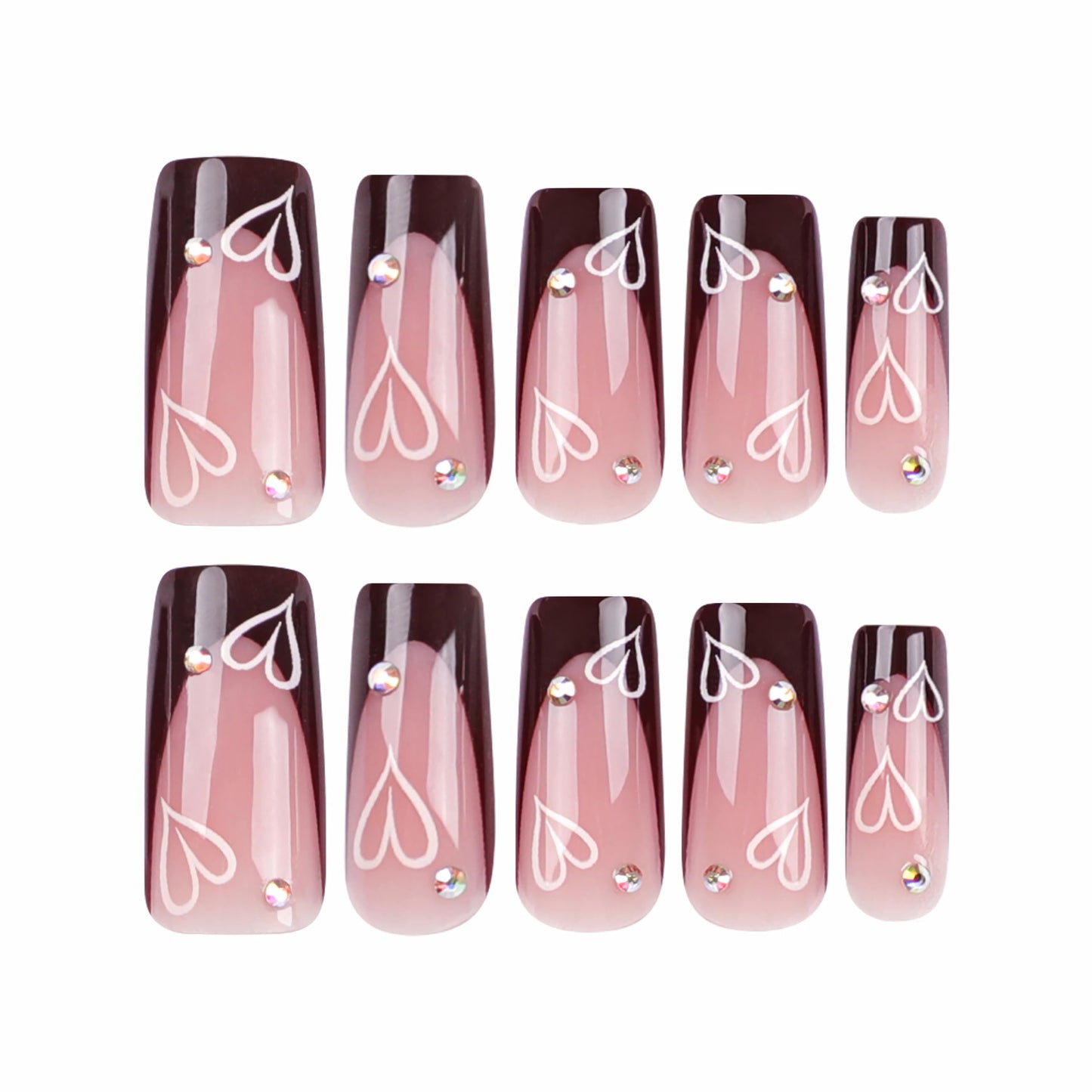 BABALAL Fall French Tip Art Nails Medium Square 24Pcs Squoval Manicure False - Brown Glue on Shiny Acrylic Heart Rhinestone Design Cute Nails for Women & Girls