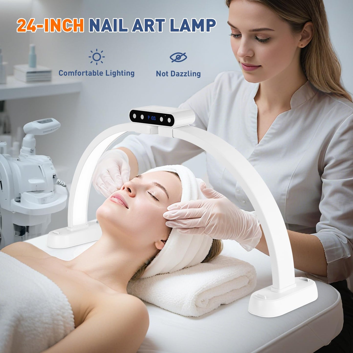 KIRKAS 24inch Large Half Moon Light for Nail Tech, 456 LEDs 3 Color Modes Infinitely Knob Arch Nail Light with Screen and Phone Holder Charging Function, Foldable Lighted Lamp for Manicure,Craft-White