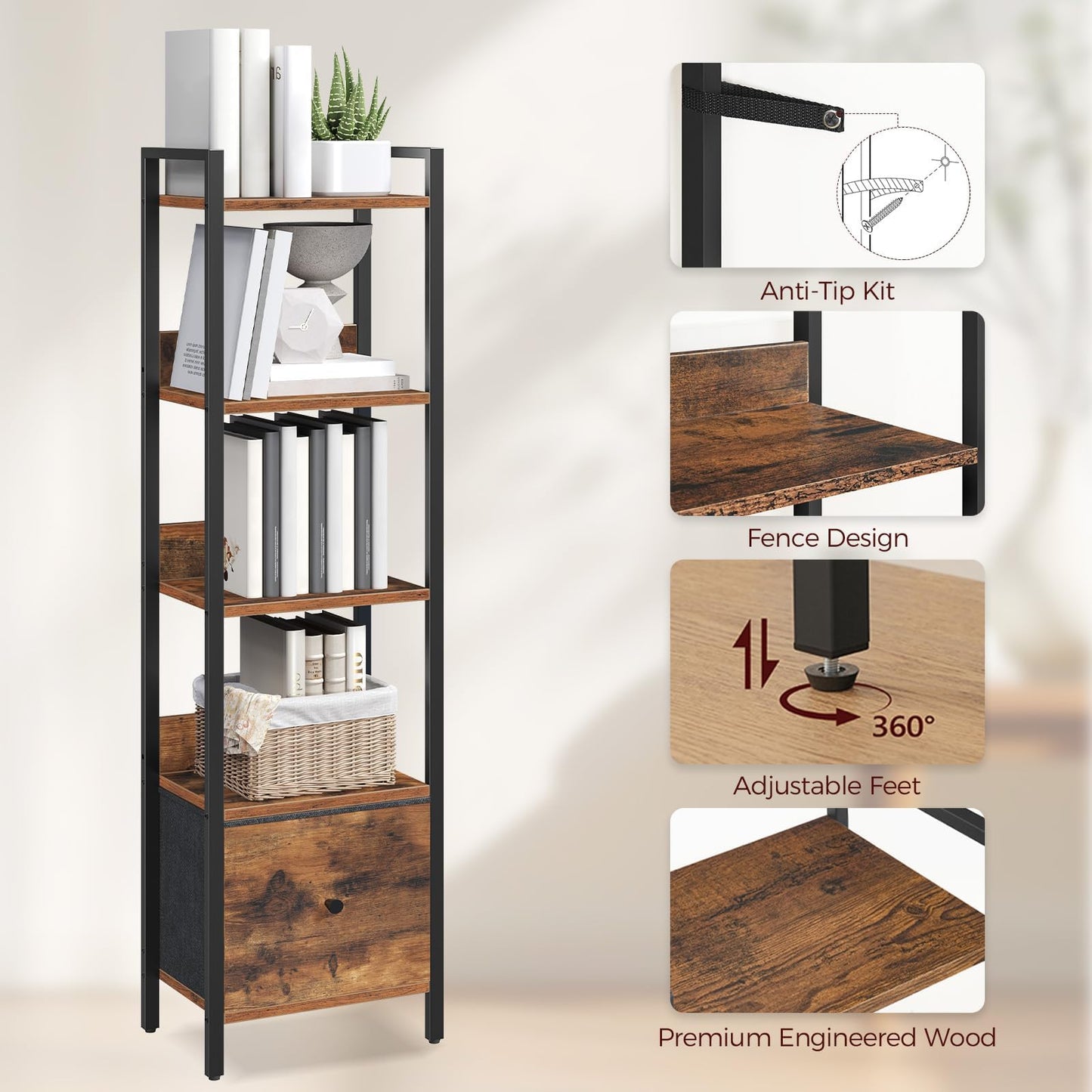 MAHANCRIS Bookshelf, 5-Tier Bookcase with Drawer, Small Book Shelf for Small Space, Storage Shelf Organizer, for Living Room, Bedroom, Study, Kitchen, Rustic Brown and Black BKHR55101