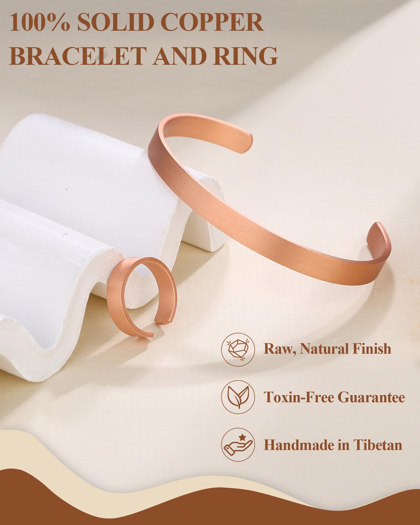 Fashtour Pure Copper Bracelet and Ring Set – Copper Bracelet for Men & Women – 100% Solid, Raw & Uncoated Handmade Hammered Tibetan Cuff Bangle (copper024)