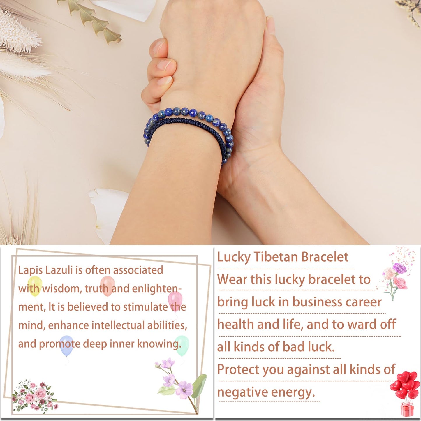 LPBeads 6mm Blue Lapis Bracelet with Handmade Rope Bracelet Size Adjustable Natural Stone Crystal Healing Bracelets Gifts for Unisex Adults