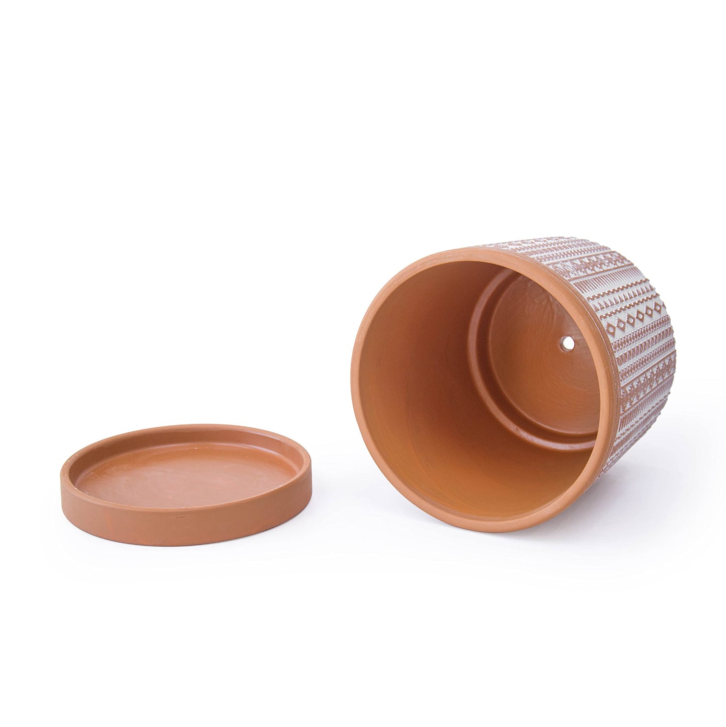 D'vine Dev Set of 2 Terracotta Pots, 6.5 Inch & 8.2 Inch, Planter Pots for Plants with Drainage Holes and Saucers, Terracotta/White, Medium, 34-958-A-1