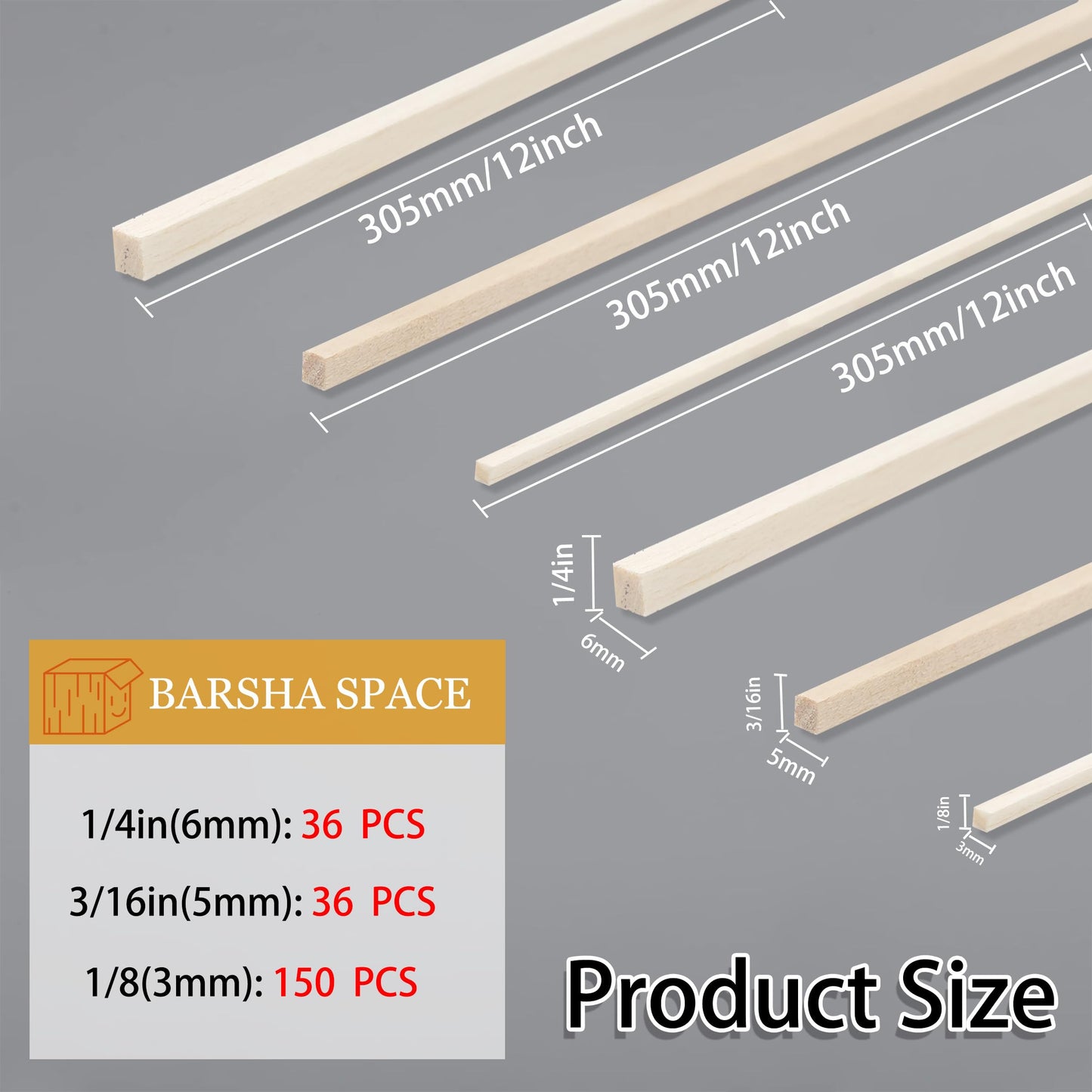 Barsha Space 222Pcs Balsa Wood Sticks,Wood Strips Balsa Square Wooden Dowels Hardwood Unfinished Wood Sticks for Crafts DIY Projects Models Making Supplies (1/8in+3/16in+1/4in 222pcs)