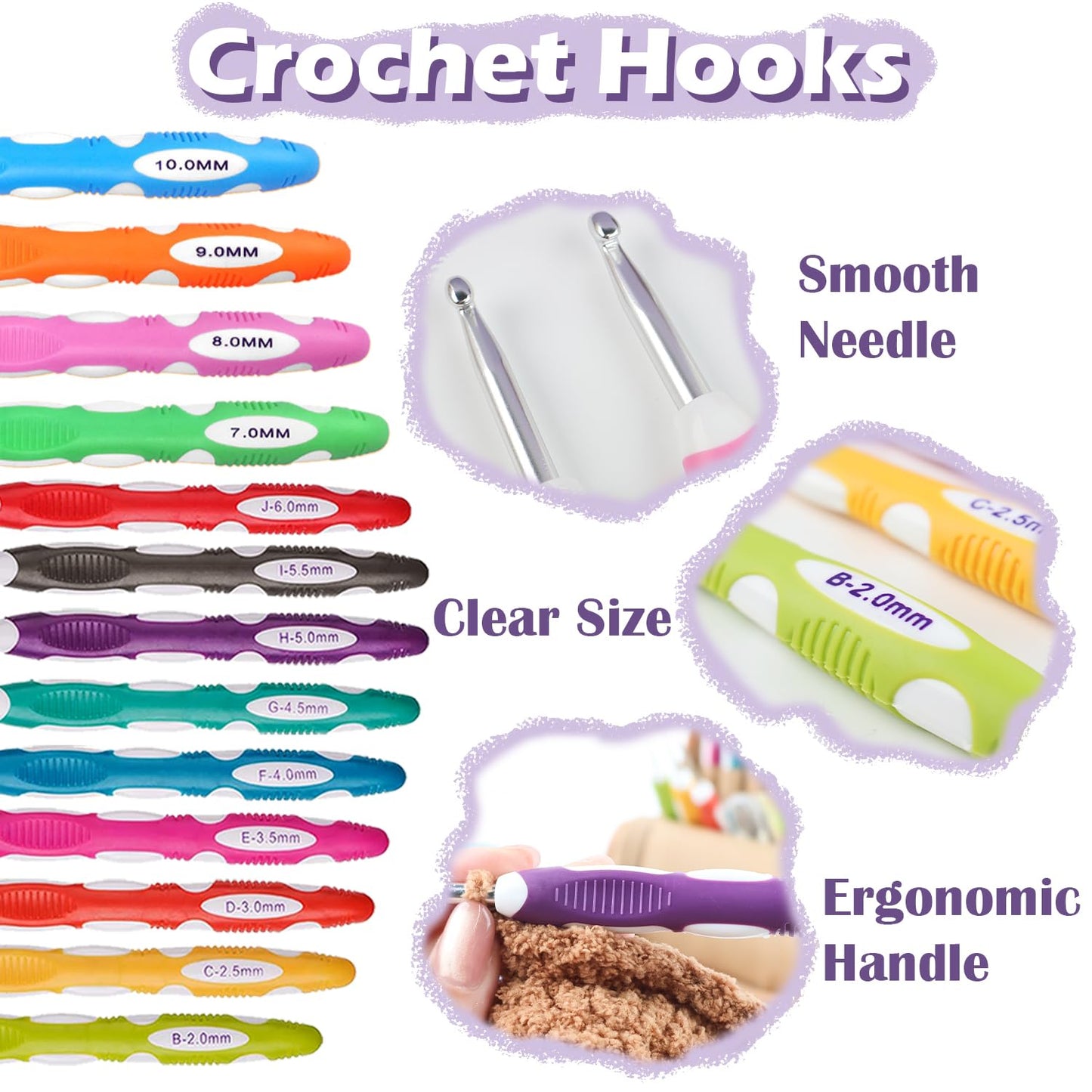 Novelchet Ergonomic Crochet Hooks Set, 13 Sizes Crochet Needles for Beginners with Case 2mm(B)-10mm(N) Purple