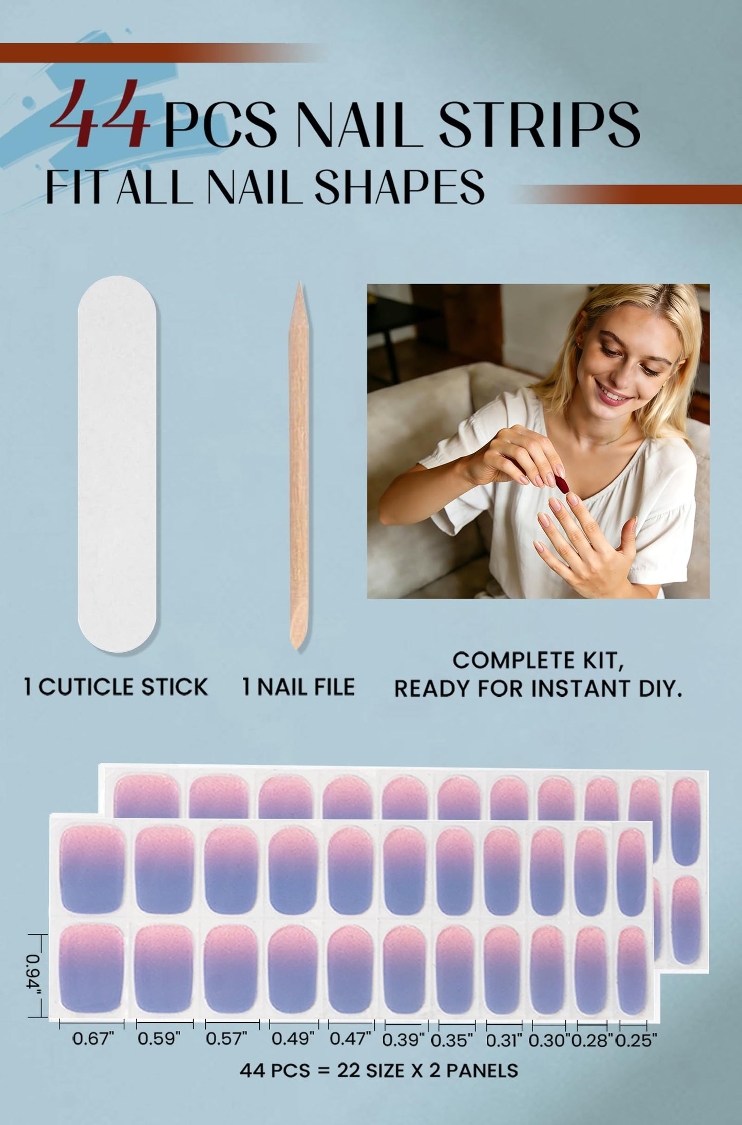 Gel Nail Strips 44Pcs, No UV/LED Lamps Needed, Pre-Cured Nail Stickers for Women Salon Quality, Polish Wraps Long Lasting, Easy Apply & Remove (Blue Purple Shine)