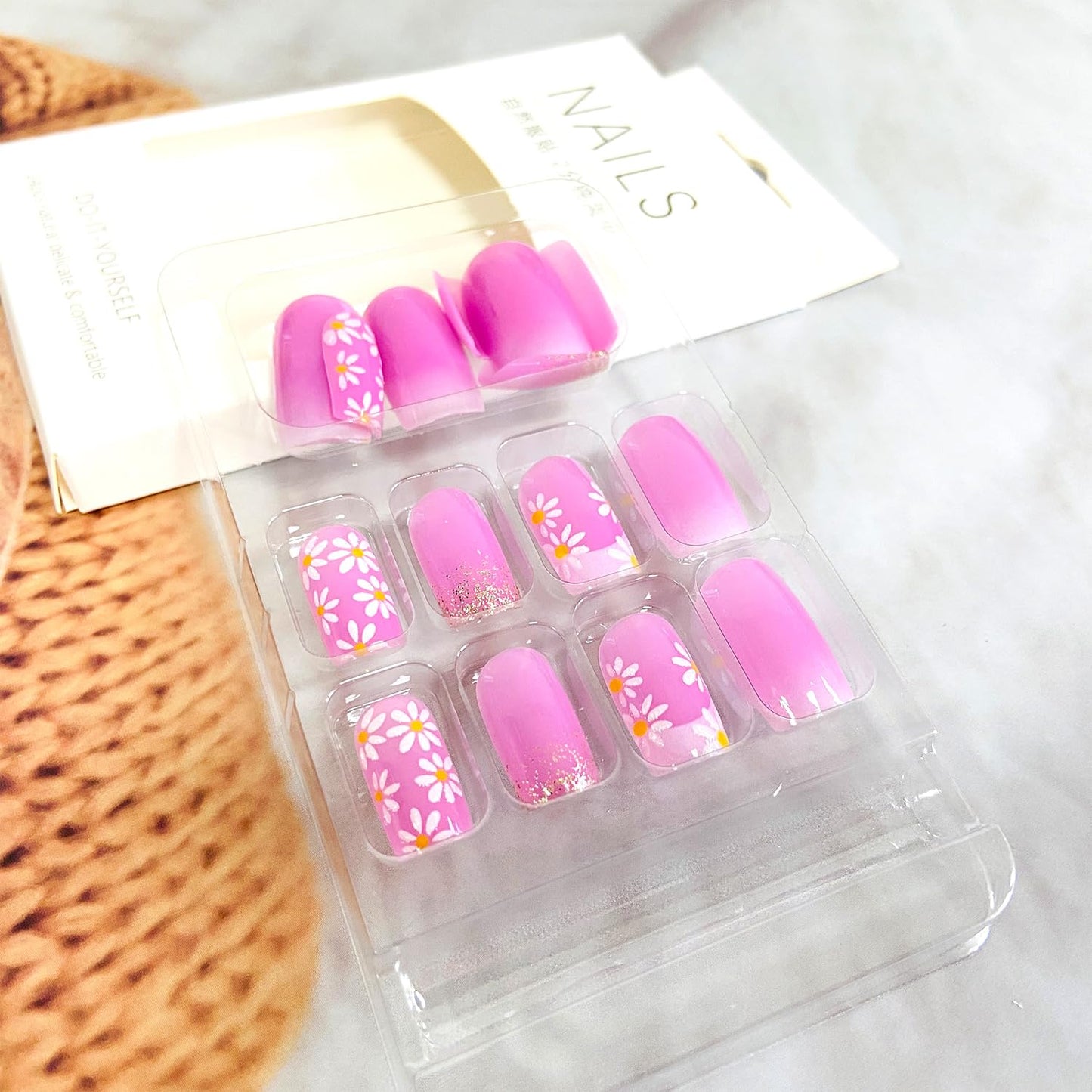 White Flower French Tip Press on Nails Square Medium Length Fake Nails Pink Gradient False Nails with Glitter Design Glossy Full Cover Artificial Nails Reusable Stick on Nails Glue on Nails for Women