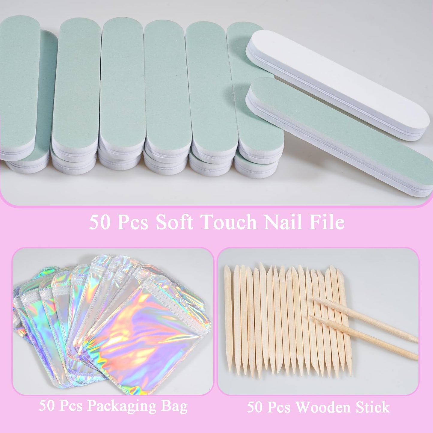 Disposable Manicure Kit Professional, 50 Set Press On Nail Tool Kit with Nail File, Nail Buffer, Nail Buffer Block, Nail Handle Brush, Wood Stick, Packaging Bag (Pink-50pcs)