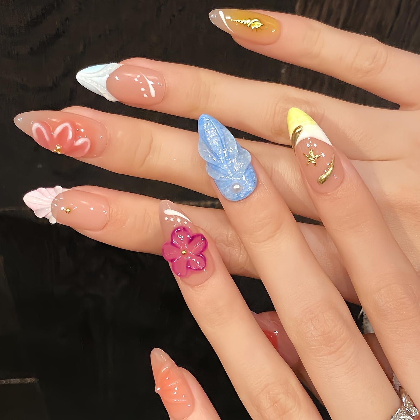 10Pcs Handmade Press On Nails – Almond Shape Summer Beach Nails with 3D Flowers & Seashell Charms – Colorful Tropical Fake Nails for Vacation – Reusable Acrylic Nail Kit for Women