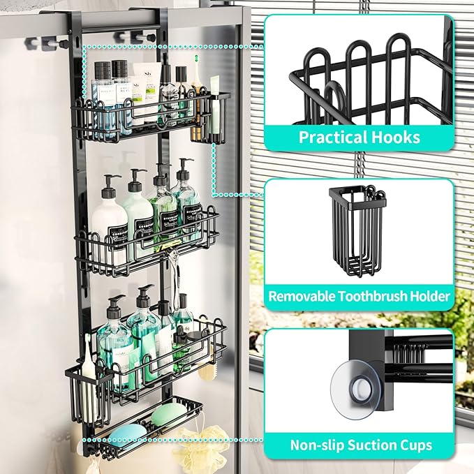 HapiRm 4 Tier Over the Door Shower Caddy, Hanging Shower Caddy with 22 Hooks and 2 Toothbrush Holders, No Drilling Adjustable Hanging Bathroom Organizer - Black