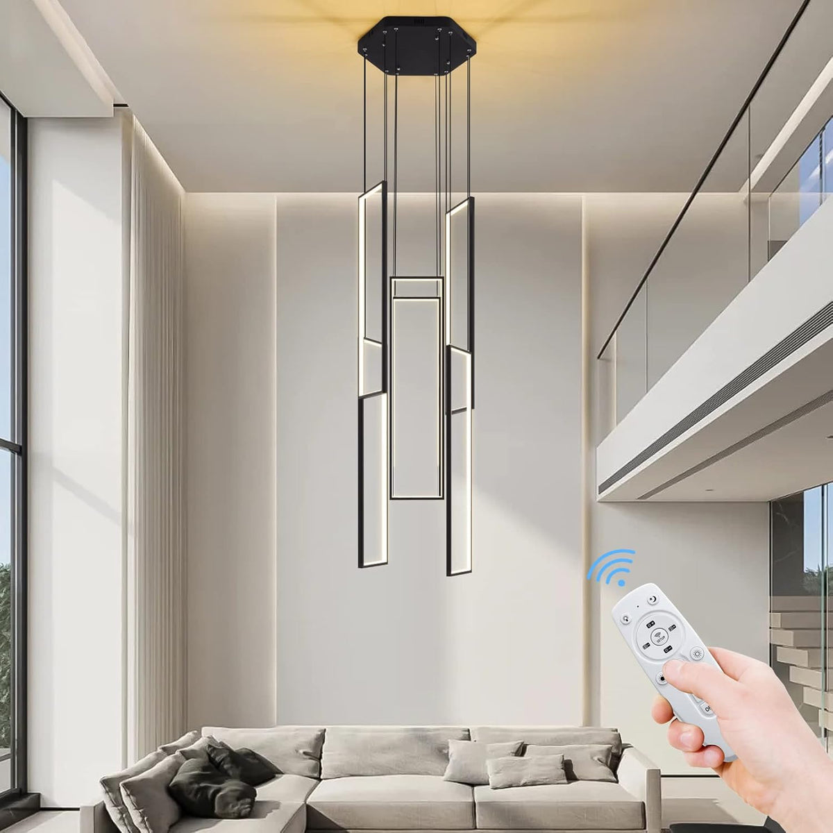 Modern Led Chandelier - Adjustable Black Lighting Fixture for High Ceiling, Suitable for Living Room, Staircase, Villa