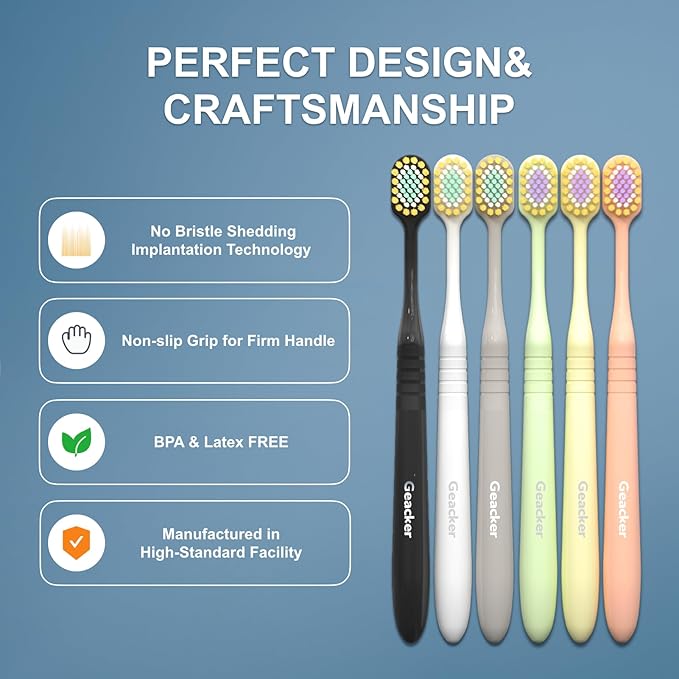 Extra Soft Toothbrush for Adults with Wide Head – Ultra Soft Nano Bristles, Gentle Manual Toothbrush with Cover for Sensitive Teeth and Gums, 6 Pack, Multi-Color, for Travel and Daily Use
