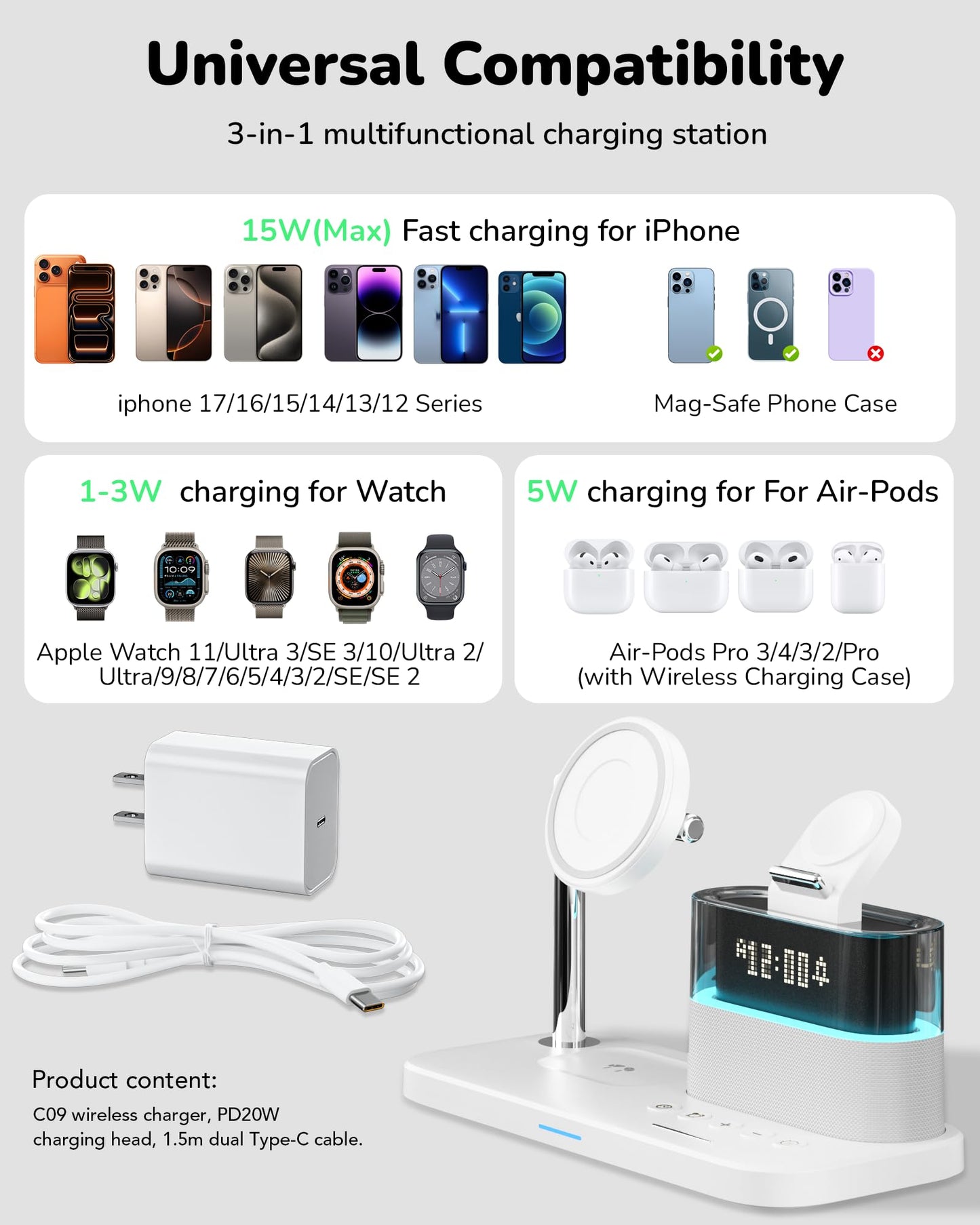 5 in 1 Wireless Charging Station for Apple,Magnetic Charger with Alarm Clock Night Light for Multiple Devices,Nightstand Charging Station Compatible with iPhone 17/16/15/14/13/12,Apple Watch,Air-Pods