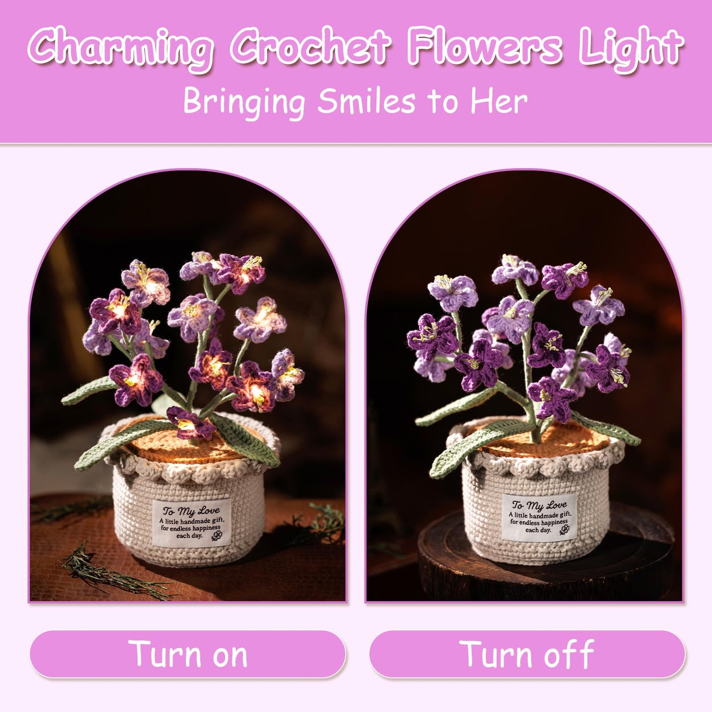 ANZRLE Forget Me Not Flower Lamp - Purple Crochet Artificial Flowers with Night Light, Cordless Table Lamp, Cozy Home Decor Crochet Gifts