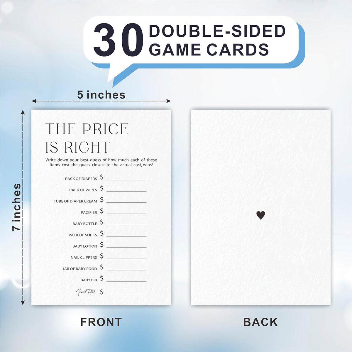 30 The Price Is Right Game Cards For Baby Shower Game & Activity - Minimalism Double-Sided Fill In Style Game Cards, Gender Neutral，Baby Shower Party Favors & Decorations -C09