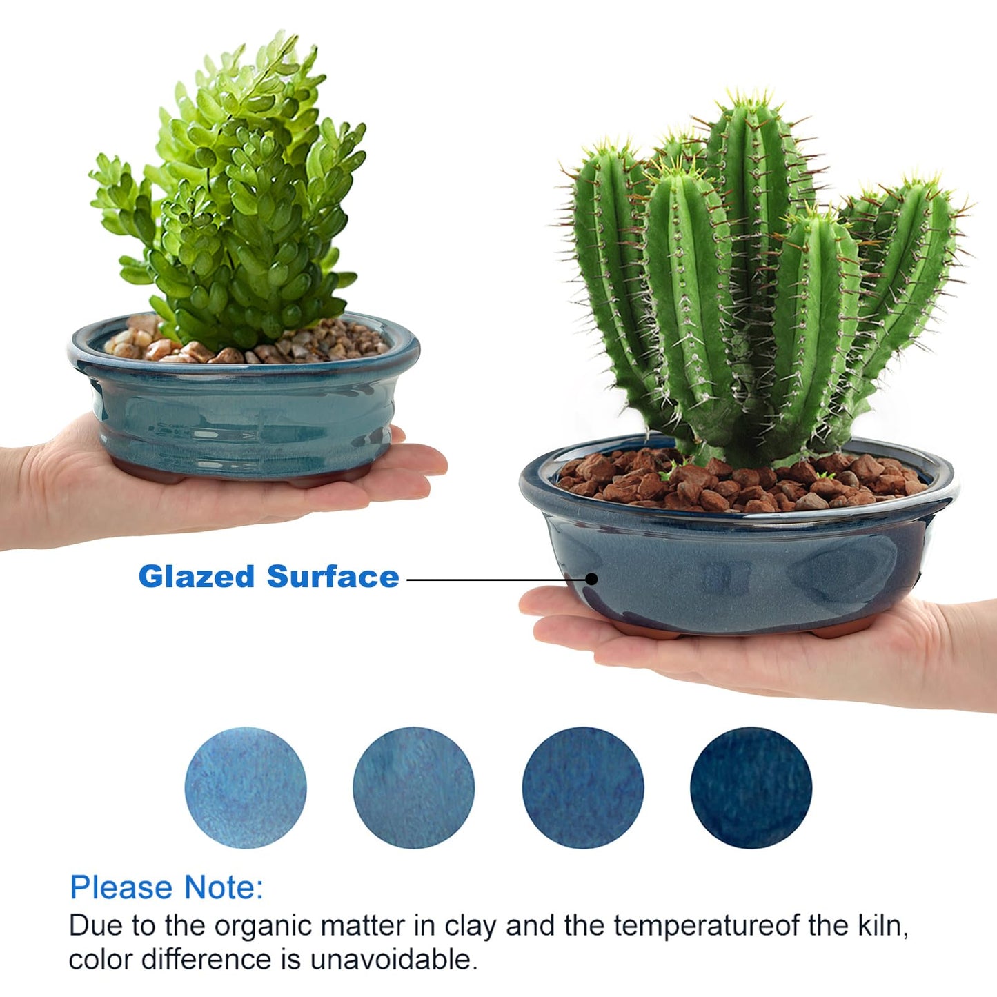 Bonsai Planter Succulent 5.7" 7" Glazed Pots, Value Set of 2 + 4 Soft Mesh Drainage Screens