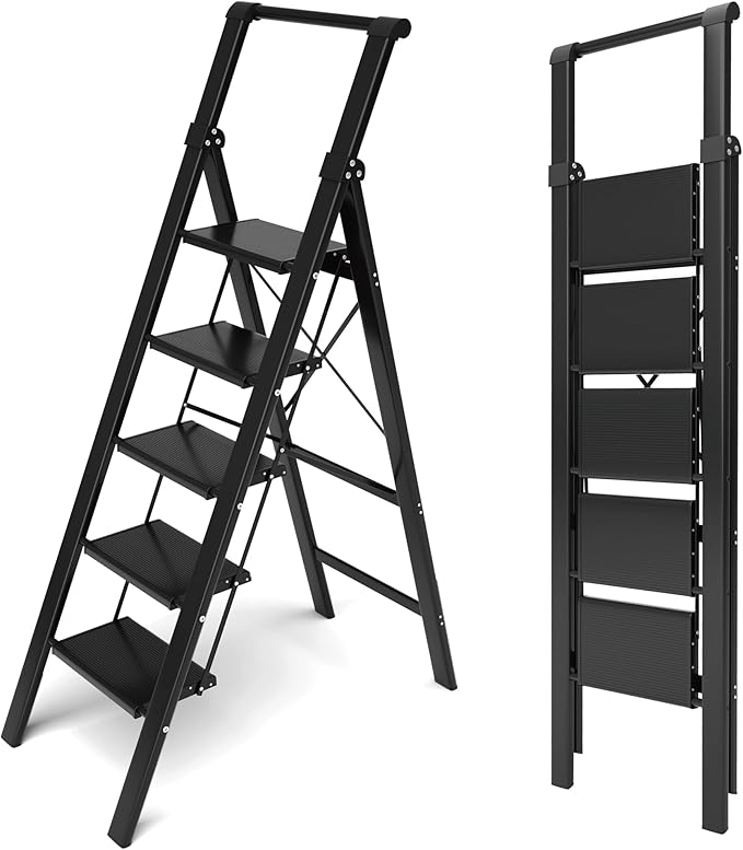 Taranta 5 Step Ladder,Liahtweight Aluminum Laddewith Handgrip, Portable Folding Stepladder with Anti-SlipPedalfor Home, Ofice, Kitchen 330lbs - Black