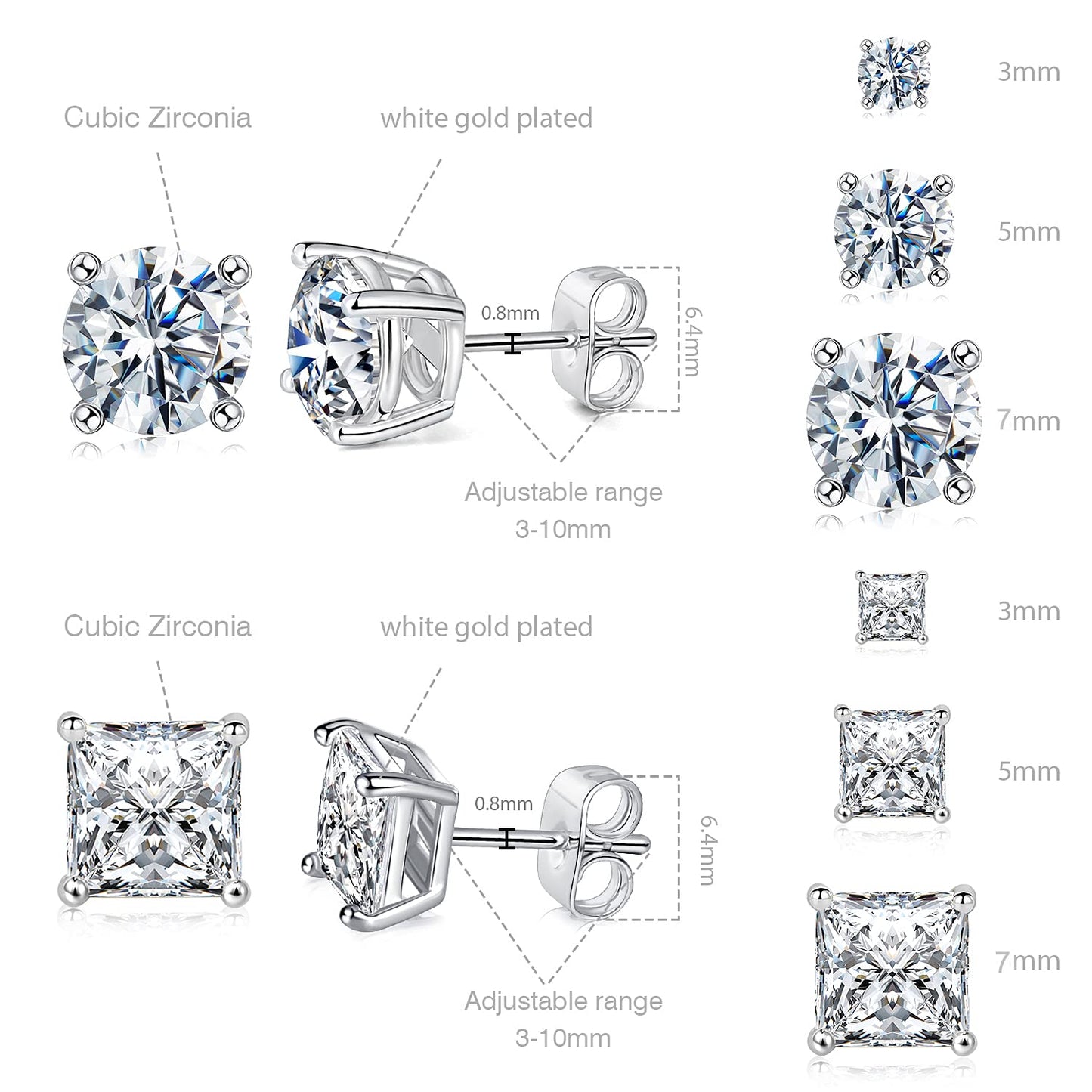 18K White Gold Plated Round Princess Cut Clear Cubic Zirconia Stud Earring of 6 Pairs (6 Pairs)