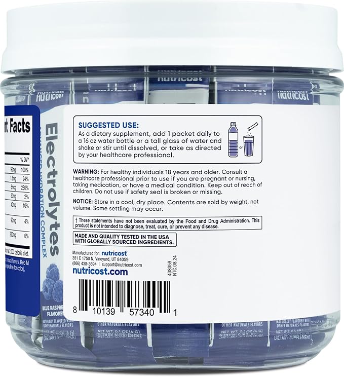 Nutricost Electrolytes Complex, Blue Raspberry Flavored, 40 Stickpacks - Advanced Hydration Complex
