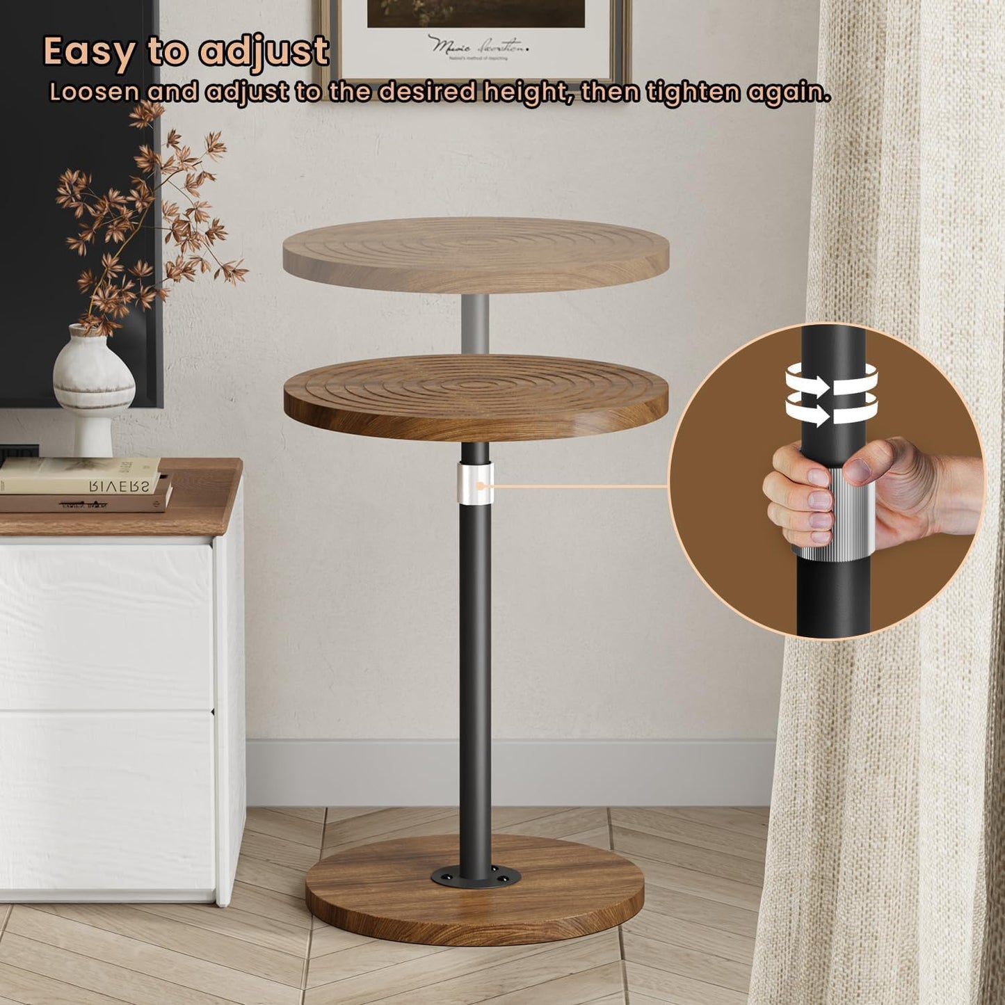 Asgolion Round Small Side Table, Adjustable-Height Drink Table, Pedestal Martini Stand, Weighted Base Cocktail Table Accent Nightstand for Living Room, Bedroom, Bathroom, Office, Walnut