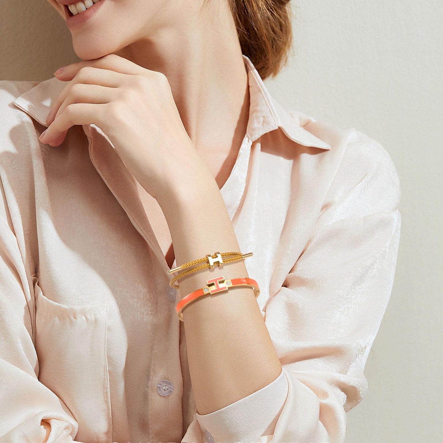 Hothink H Bracelets for Women,H Bangle and H Wire Rope Bracelet Set,Dainty 18K Gold Plated Bracelets Set for Christmas Mothers Day Gifts for Women (Gold-Orange)
