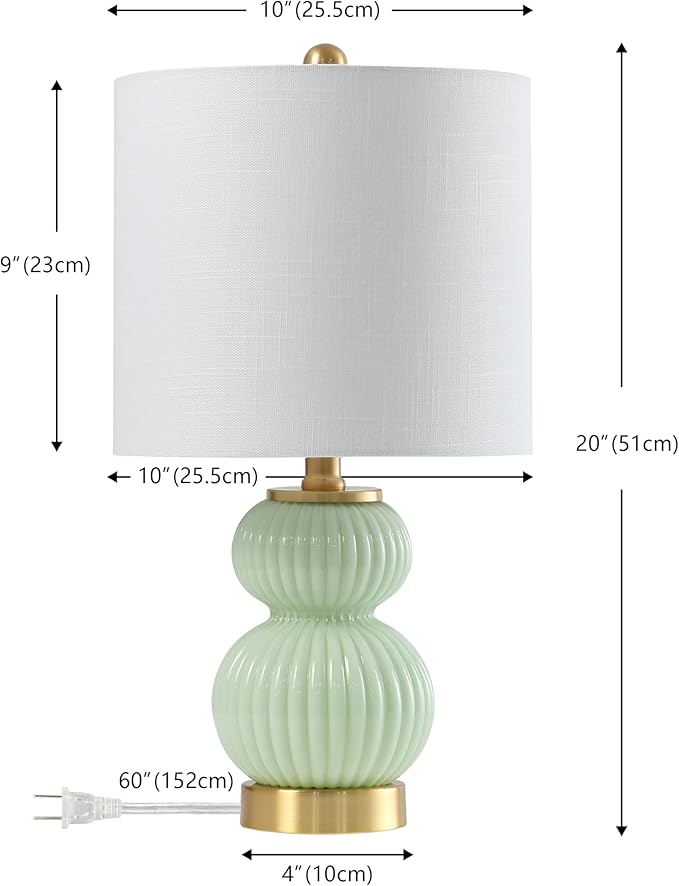 JONATHAN Y 20" Mint Green/Brass Gold Ribbed Gourd Glass Table Lamp, Modern Bedside Lamp for Bedroom Living Room, White Linen Drum Shade, LED Bulb Included (JYL1099F)