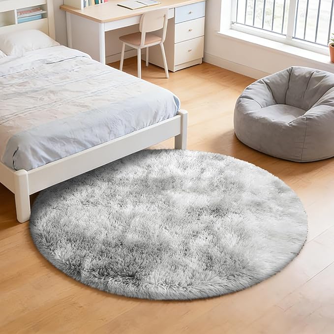 Tie-Dyed Fluffy Round Rug,Soft Area Rugs for Girls Room,Shaggy Rugs 5'X5' for Living Room,Non Slip Circle Rug for Kids Bedroom,Shag Plush Nursery Rug,Plush Carpet for Dorm,Furry Room Decor,Light Grey