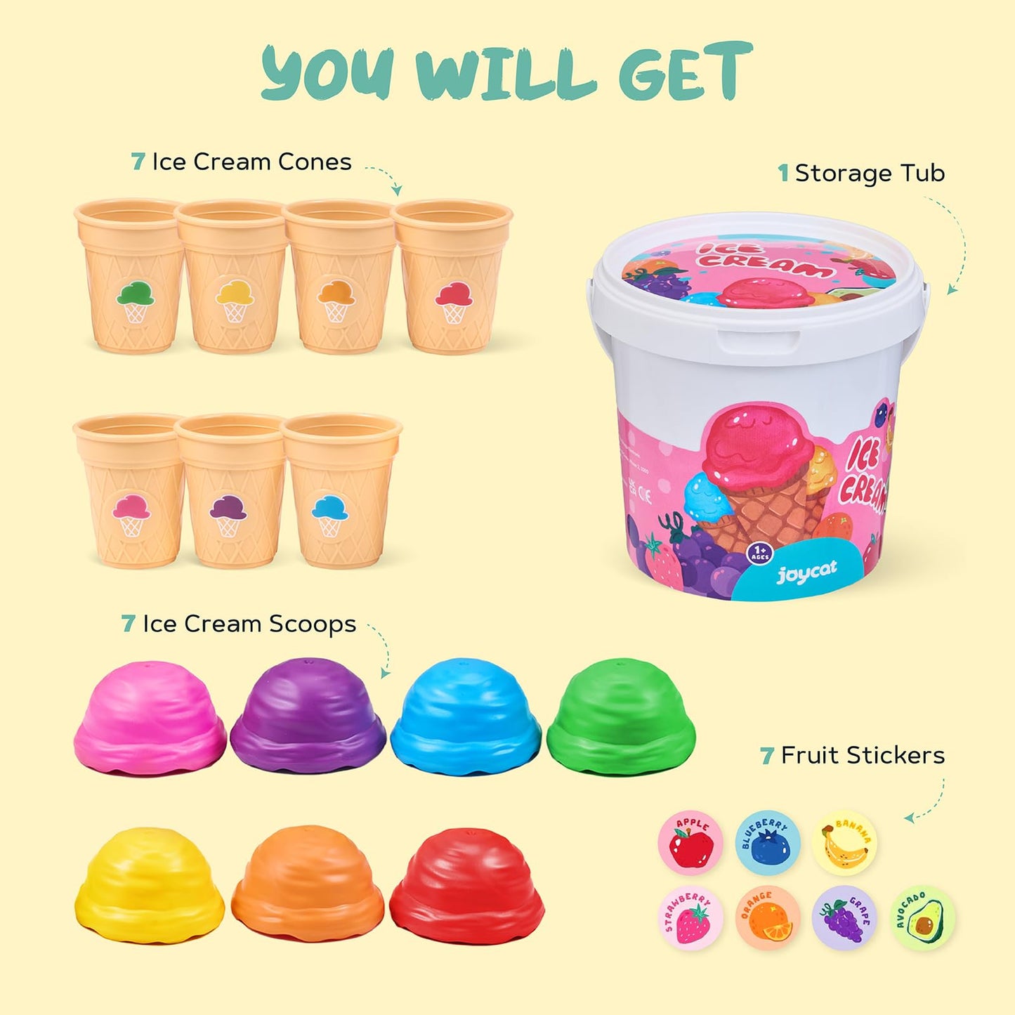 JoyCat Baby Toys 6-12 Months - Mystery Soft Box with 10 Sensory Objects, Rattle, Crinkle Paper, Mirror + Ice Cream Toys for Toddlers, Color Recognition Stacking Play Set with 7 Matching Cones & Scoops