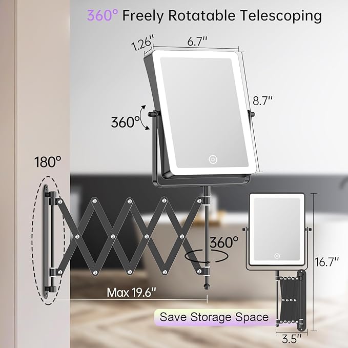 FASCINATE Rechargeable Wall Mounted Makeup Mirror with Lights, 8.7 Inch Double Sided Touch Switch 1X 30X Magnifying Bathroom Mirror, 3 Color Lights Touch Dimmable Extended Arm 360°Rotation (Black)