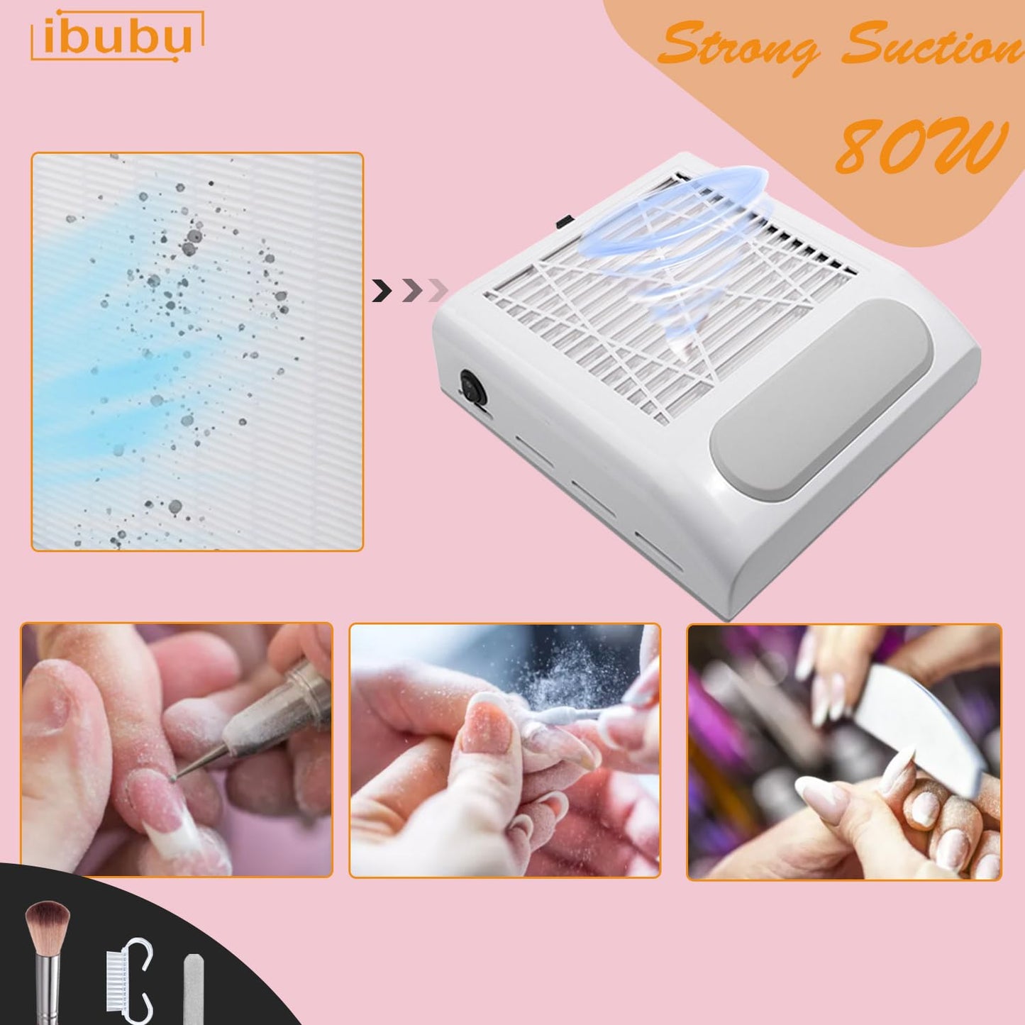 ibubu Nail Dust Collector Machine Professional Manicure Nails Dust Vacuum Cleaner Fan Nail Salon Dust Extractor 80w Powerful Nail Vacuum Dust Collector with Multiple Tool Kits Low Noise White