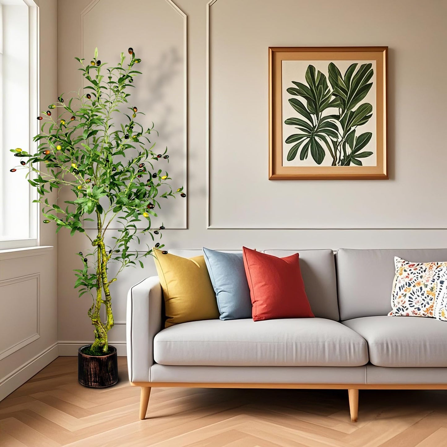 5FT Artificial Olive Tree Indoor - Lifelike Fake Olive Tree with Branches, Leaves & Fruits, Realistic Faux Tree for Bathroom, Office, Bedroom Decor, Compact Home Decor Plants