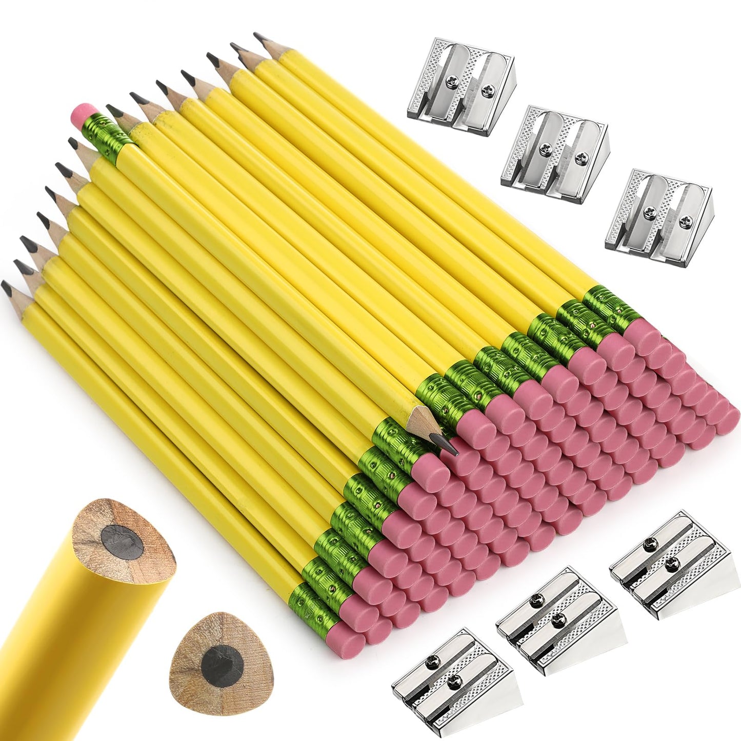 Fainne 102 Pieces Jumbo Pencils Set for Kids Toddlers 96 Thick Fat Large Pencils with Erasers 6 Sharpeners Bulk for Preschool Kindergarten Elementary School Classroom(Yellow,Triangle)