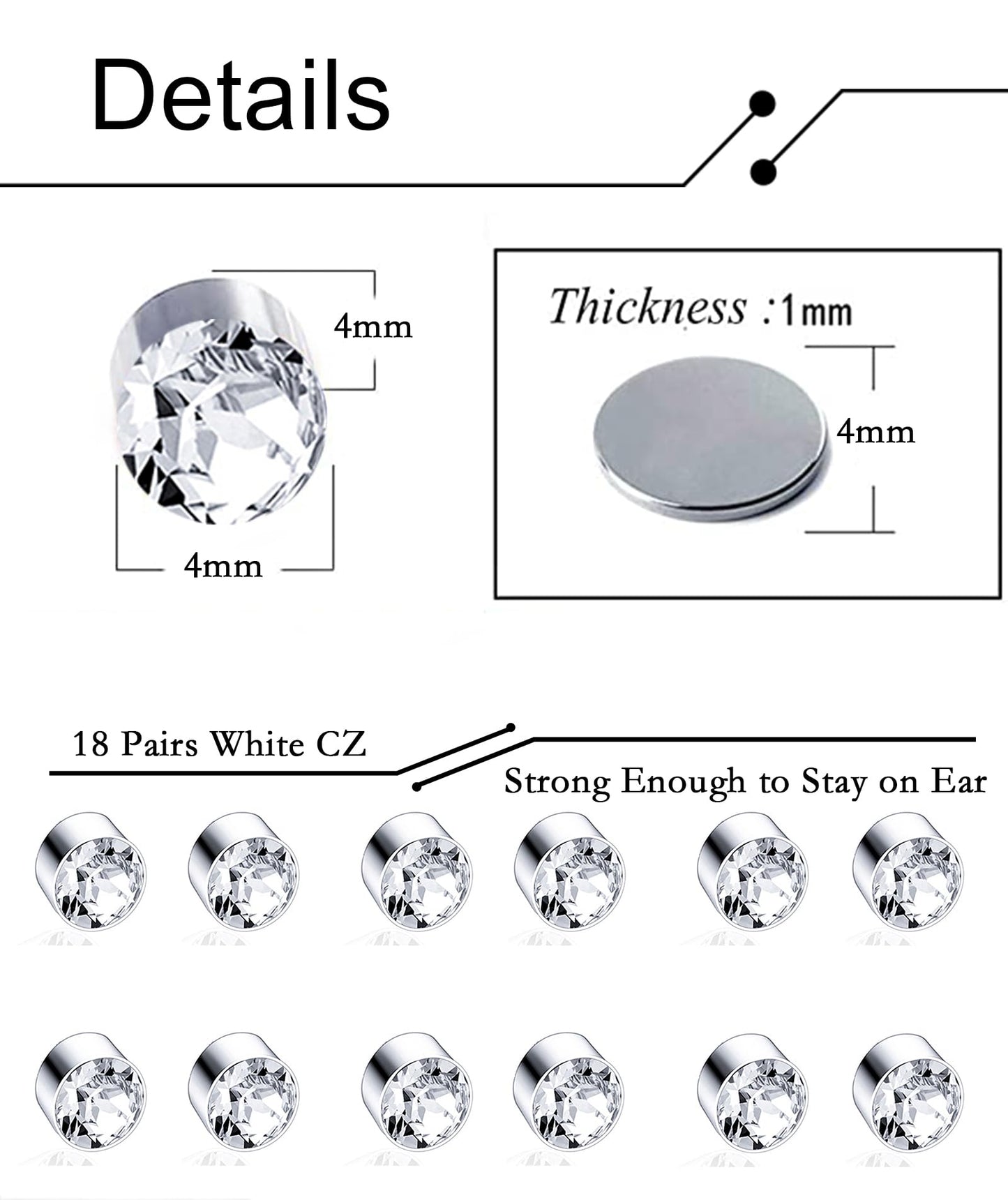 Ofeiyaa 18 Pairs Magnetic stud Earrings Colors CZ Earrings Set Fake Earring Jewelry Clip on No Piercing Earrings Studs for Women Men 4MM 6MM