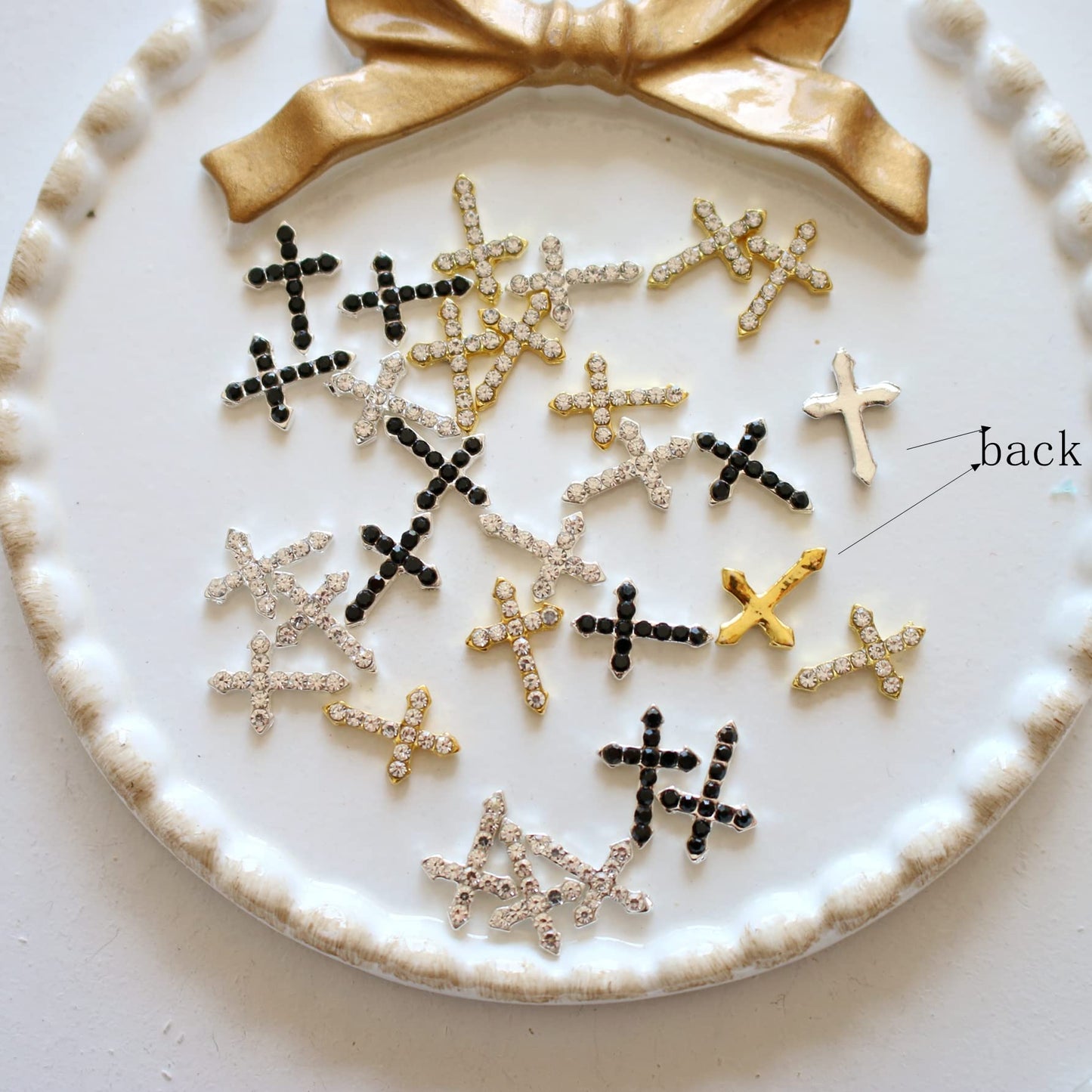 30PCS Nail Art 3-Color Mixed Metal Cross with Rhinestone Shapes DIY Craft Deco 3D Metal Charms 10331