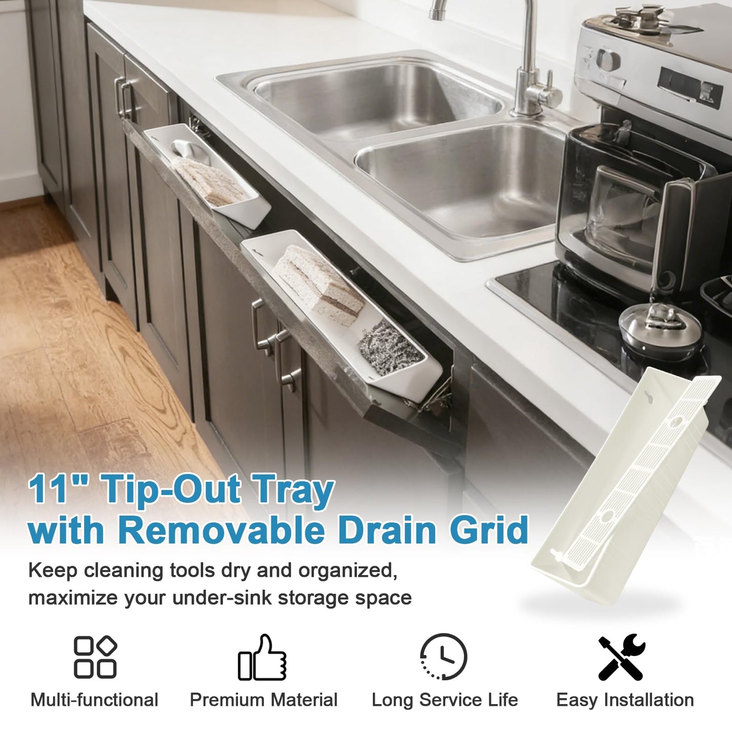 Upgraded 11" Tip-Out Plastic Sink Trays with Steel Hinges Kitchen Sink Tip Out Tray Kit, Pullout Organizer Cabinet Storage for Kitchen & Bathroom with 8 Mounting and 4 Screws, White (2 Pack)