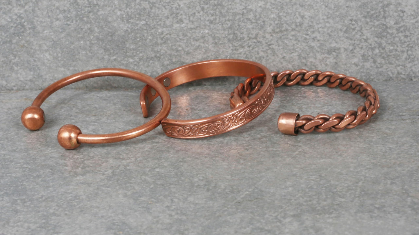 Touchstone copper bracelets | gift for men women |adjustable 100% pure solid real magnetic jewelry | handmade bracelet set combo | rope braided tibetan bangles. Set of 3 different designs