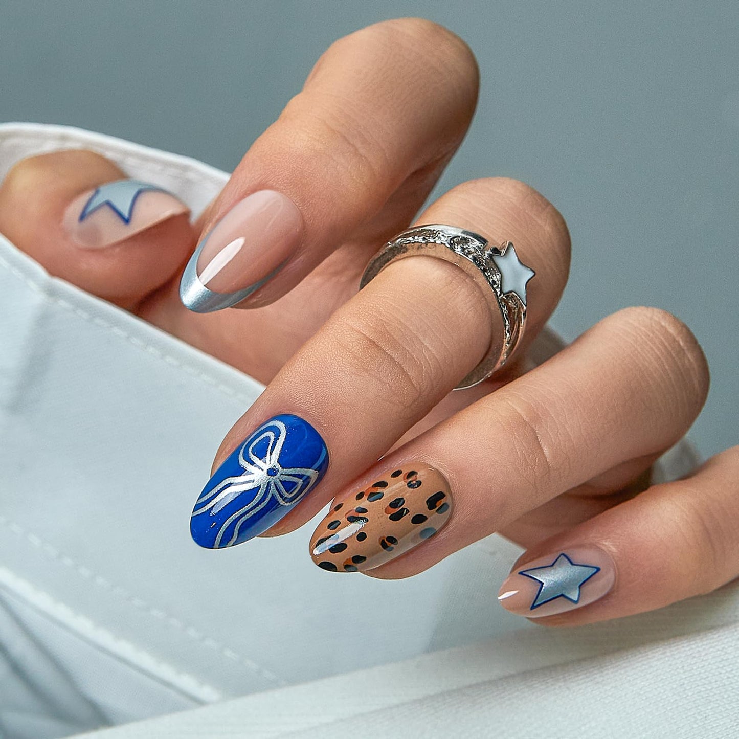 CurvLife Press On Nails Medium Almond Nude Blue Bow, Glossy Soft Gel Fake Nails with Polka Dots Leopard Tip, Reusable Salon Look Manicure for Women Teens Beginners, 30pcs, Daily Wear Work Party