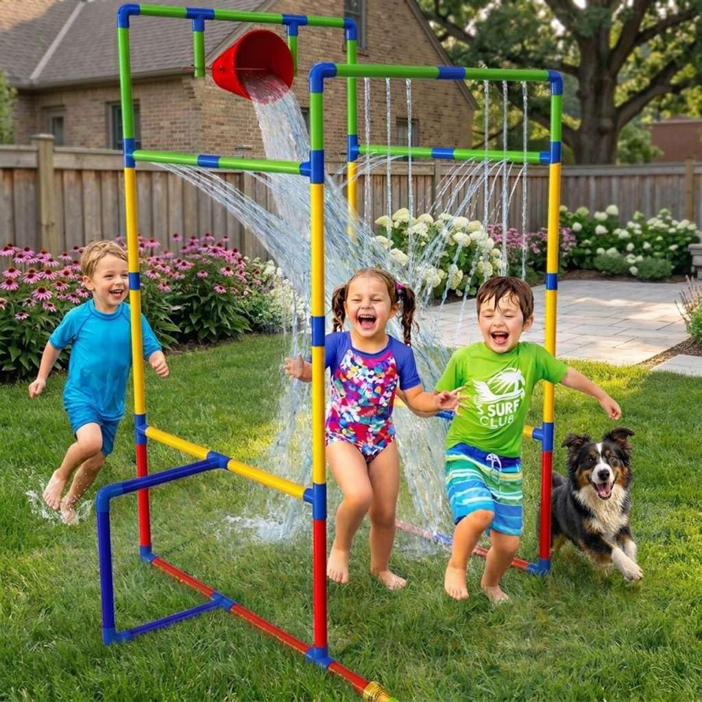 Kids Water Park Sprinkler Tunnel with Dunk Bucket | Outdoor Water Park for Backyard Summer Fun