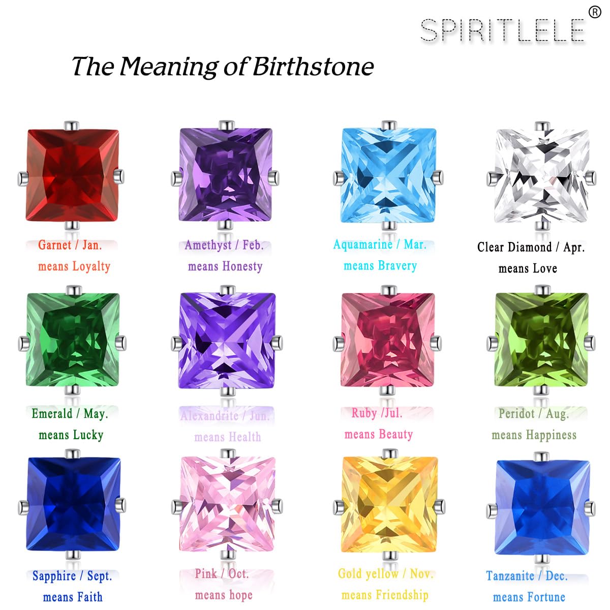 Spiritlele 12 Pairs Birthstone Magnetic Earrings Set Cubic Zirconia Clip on Non Piercing Fake Stud Earrings Birthday Gifts Unisex (Square)