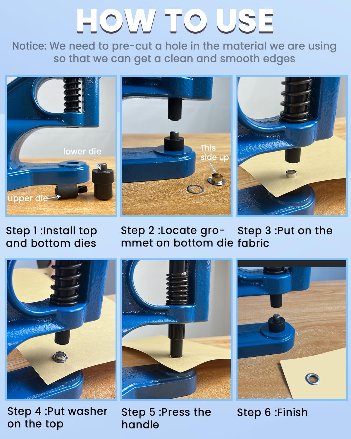 DUPDMKIN Grommet Tool Kit, Heavy Duty Eyelet & Rivet Press with 3 Dies and 1500 Pcs Grommets, Hand Press Grommet Machine for Fabric, Leather