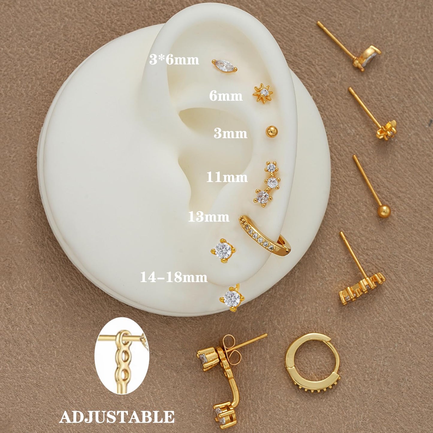 6 Pairs 14K Gold Plated Stud Earrings for Women, Hypoallergenic Cuff Cartilage Earrings for Multiple Piercing, Dainty Small Stackable Earrings Set for Jewelry Gift