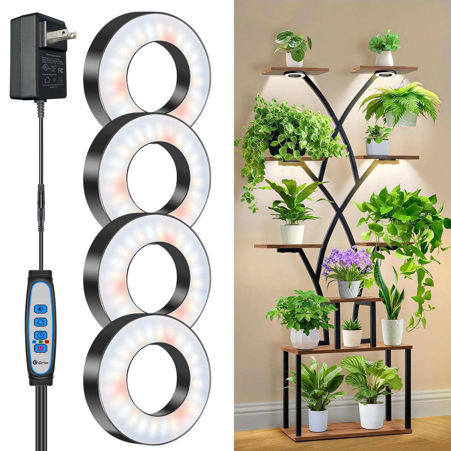 Wiaxulay Grow Lights for Indoor Plants, 192 LED Full Spectrum Plant Lights for Indoor Growing, 12V/2A Under Cabinet Grow Lamp with Auto Timer 6/12/16 Hrs, 3 Lighting Mode, 5 Brightness, Four Head
