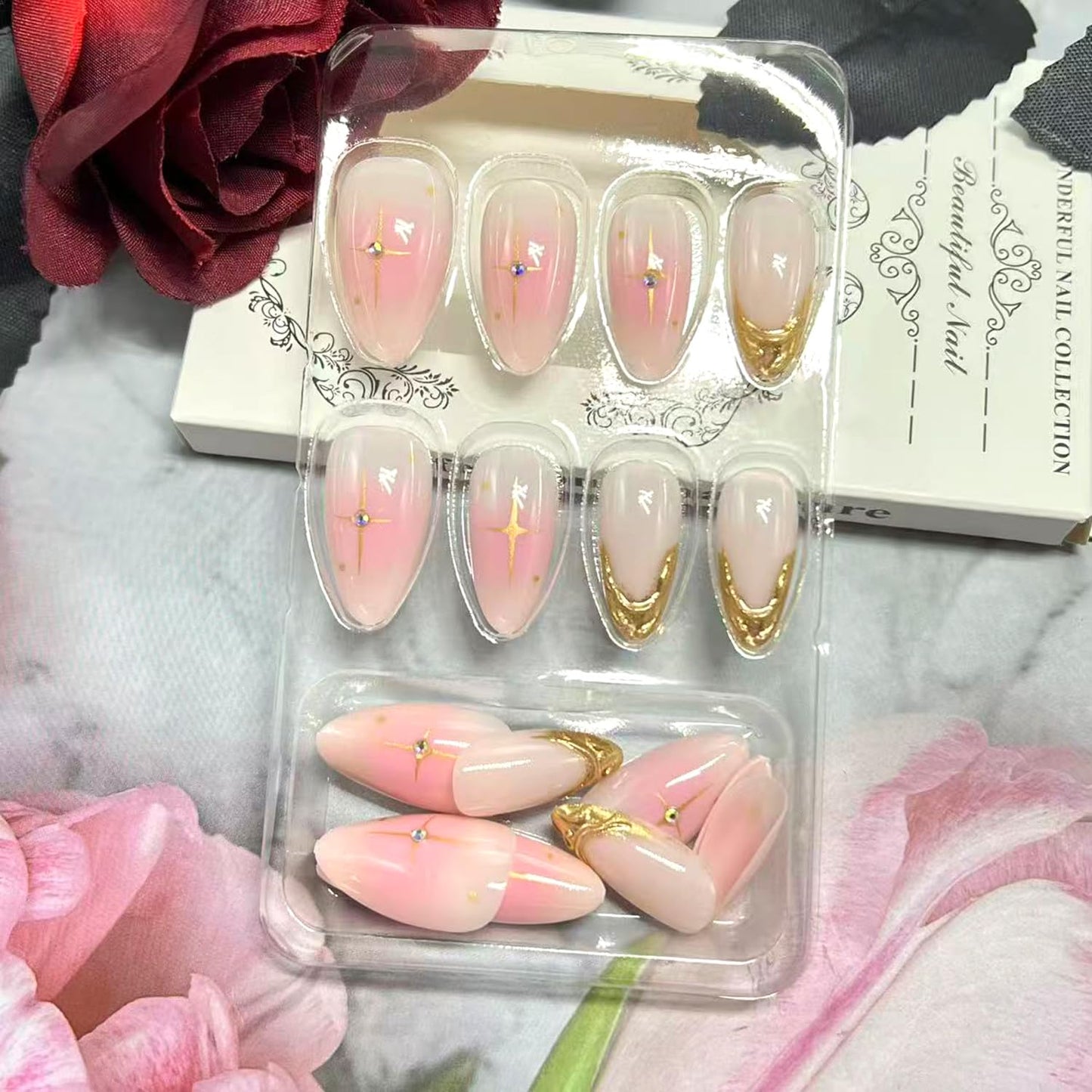 3D Gold Irregular French Tip Press on Nails Medium Almond Gradient Fake Nails Star Rhinestones Acrylic False Nail Glossy Full Cover Glue on Nail for Women