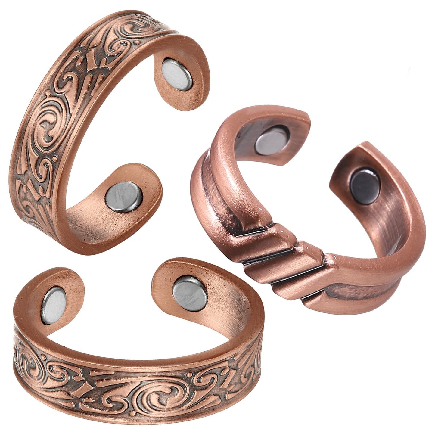 Fashtour 3 Copper Rings for Men, 99.9% Pure Copper Magnetic Rings, Vintage Pattern Adjustable Cuff Ring