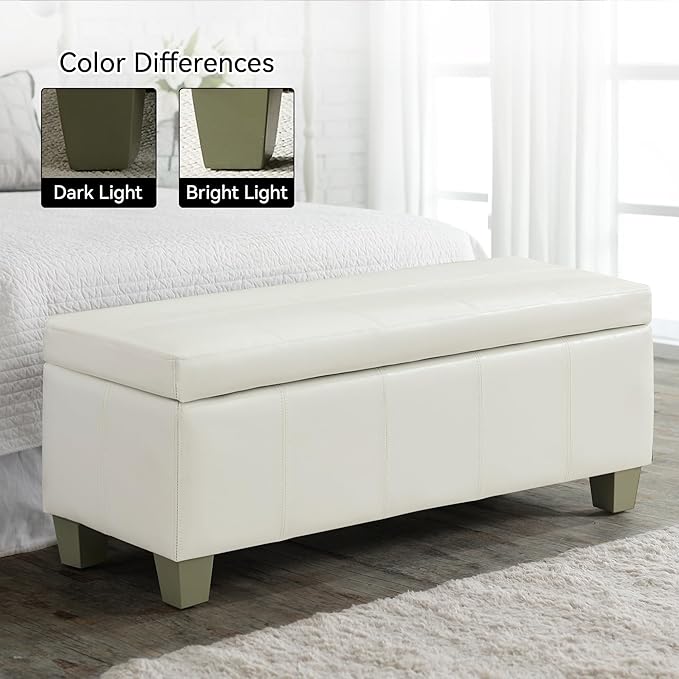 41" Faux Leather Storage Ottoman, Stitch Tufted Rectangle Upholstered End of Bed Storage Bench, Entryway Large Couch Ottoman with Wooden Legs,White